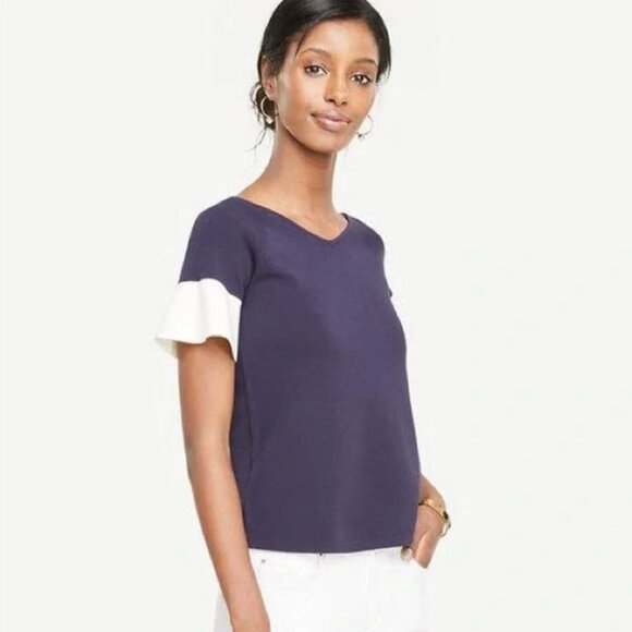 ANN TAYLOR | Navy Blue Bell Short Sleeve Stretchy Blouse Sz SP - Picture 1 of 8